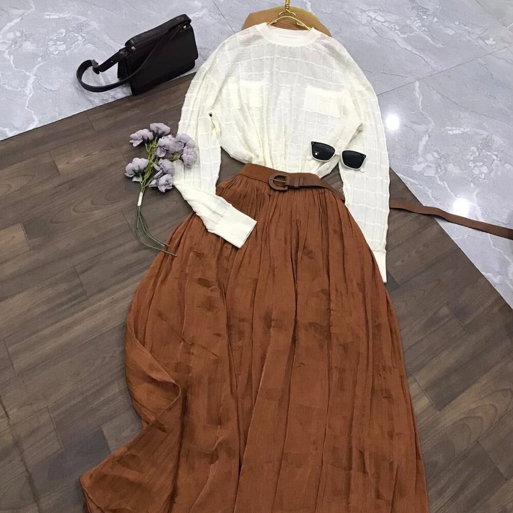 Rust Brown Flowy Maxi Skirt Set + Ivory Knit Top 2-Piece Outfit